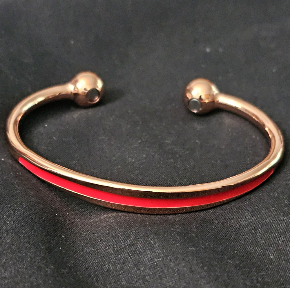 100% Copper Magnetic Red Stripe open cuff bangle Bracelet w/ball ends-adjustable